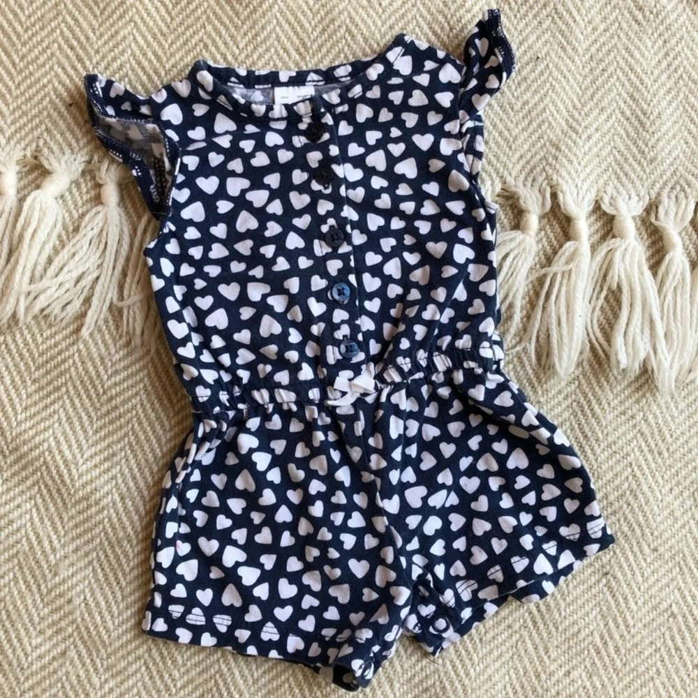 Blue and White Heart Romper with Ruffle Sleeves